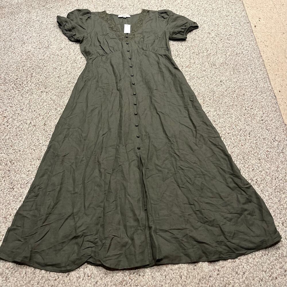 NEW Loft Lace Trim Linen Blend Midi Dress 6 Green Feminine Coquette Cottage